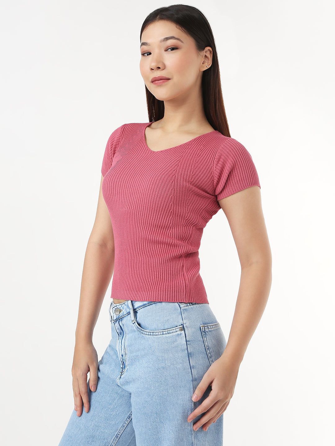 Women Blush Pink Slim Flat Knit Top