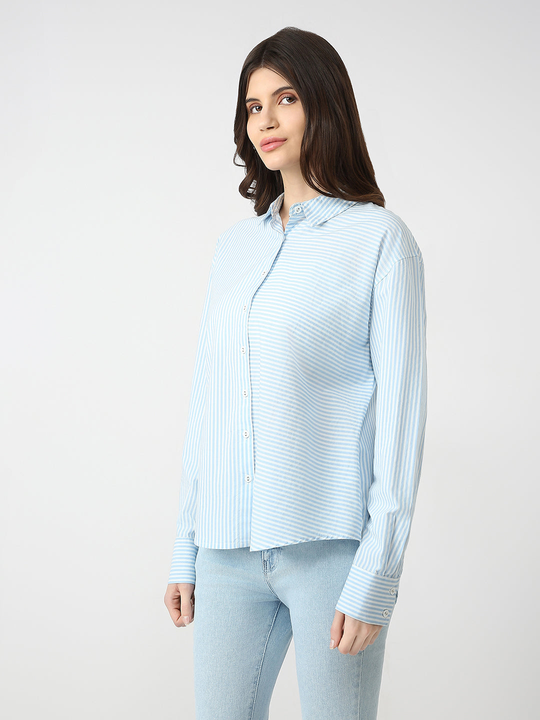 Women Sky/White Oversize Stripe Shirt