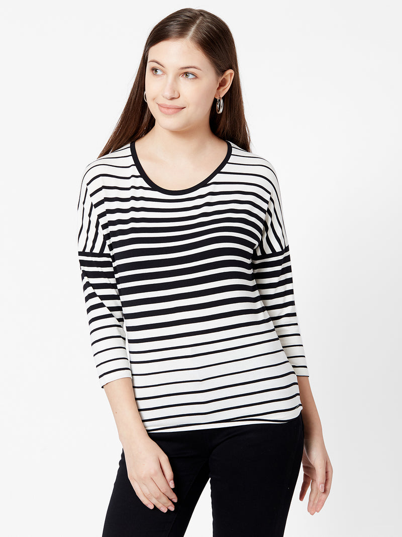 Women Black & White Striped Three-Quarter Sleeves T-Shirts