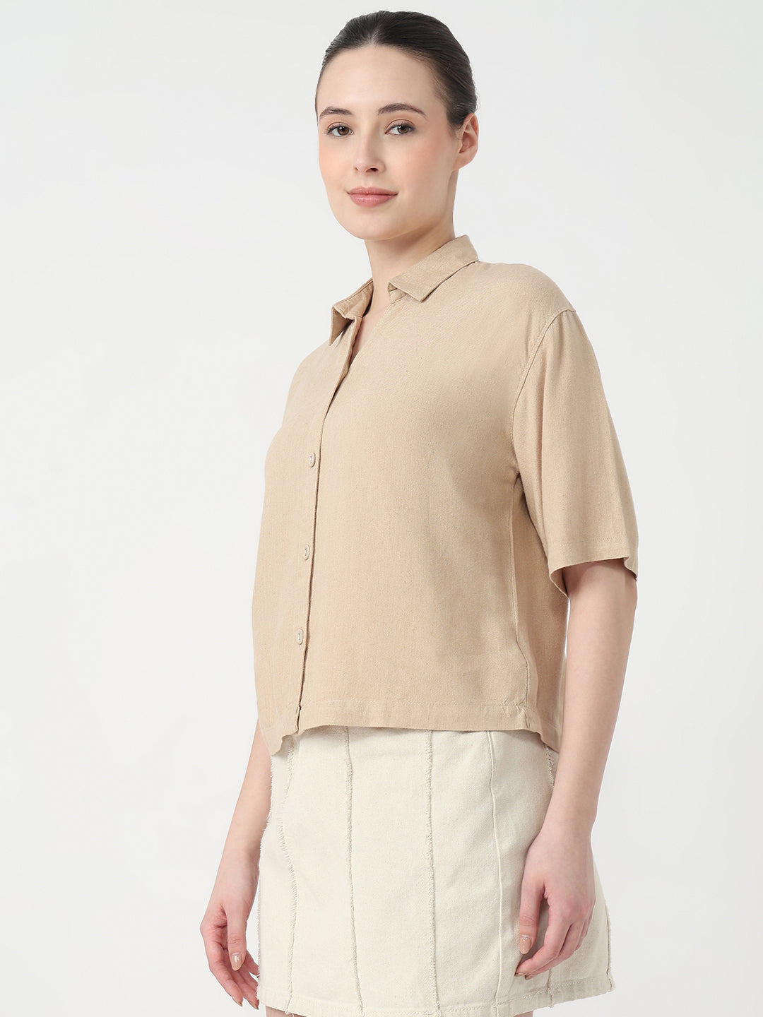 Women Oatmilk Slim Fit Crop Shirt