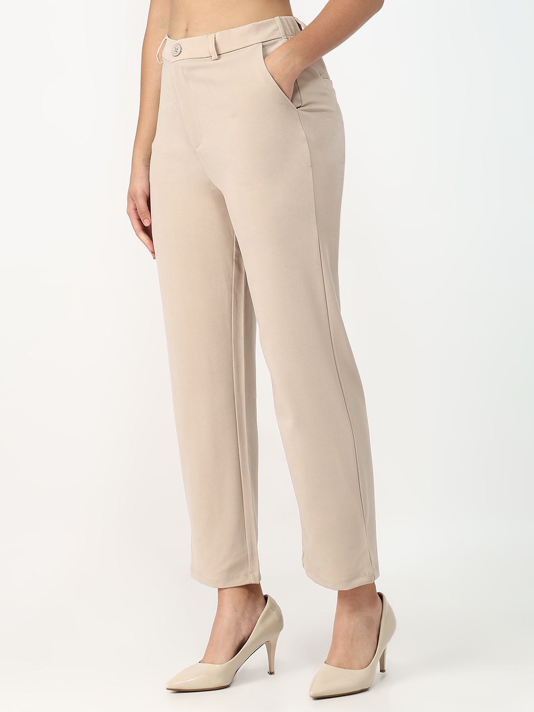 Women Beige High-Rise Loose Straight Fit Korean Pants