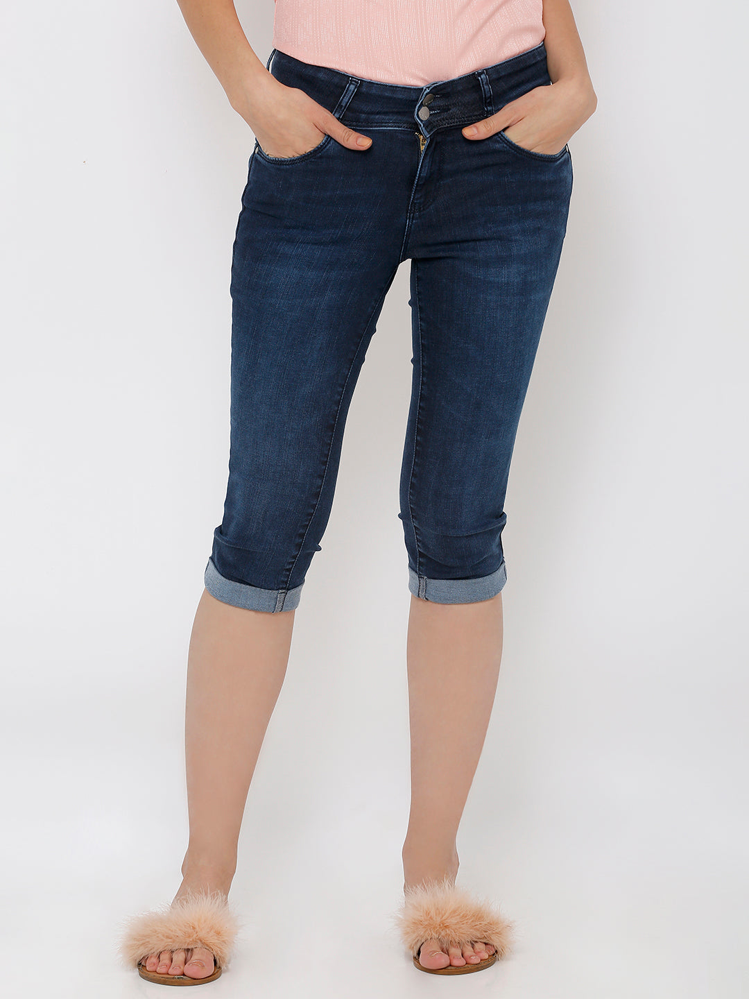 Buy Women Dark Blue Mid Rise Slim Capri Kraus Jeans