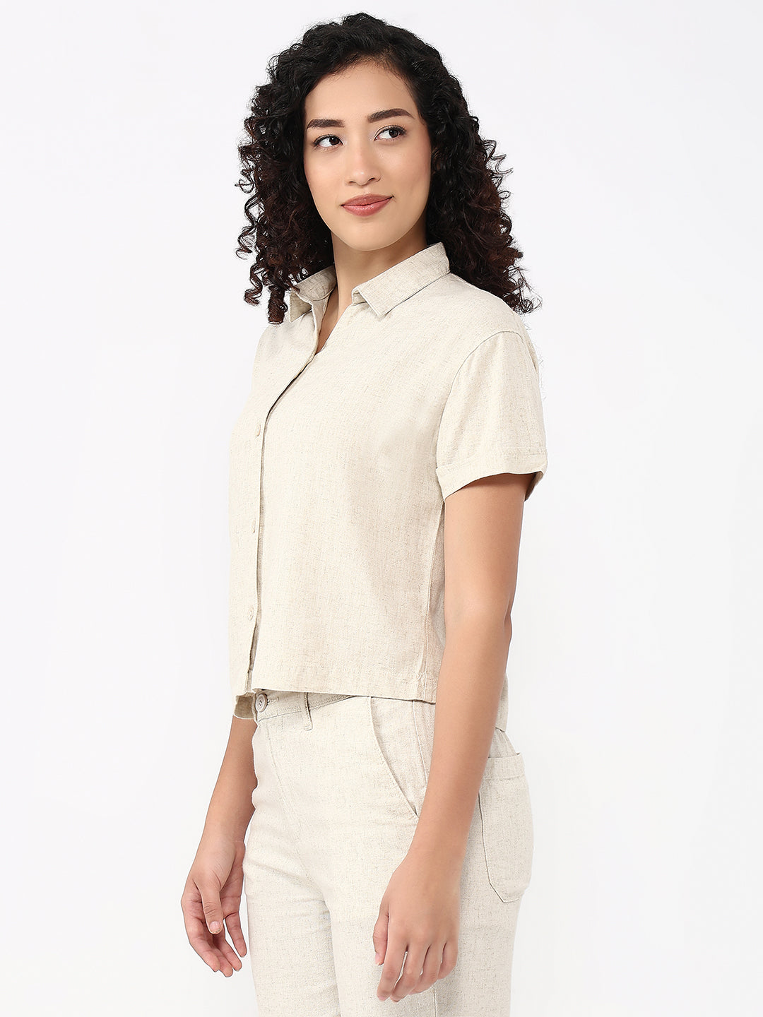 Women Light Natural Slim Fit Crop Shirt