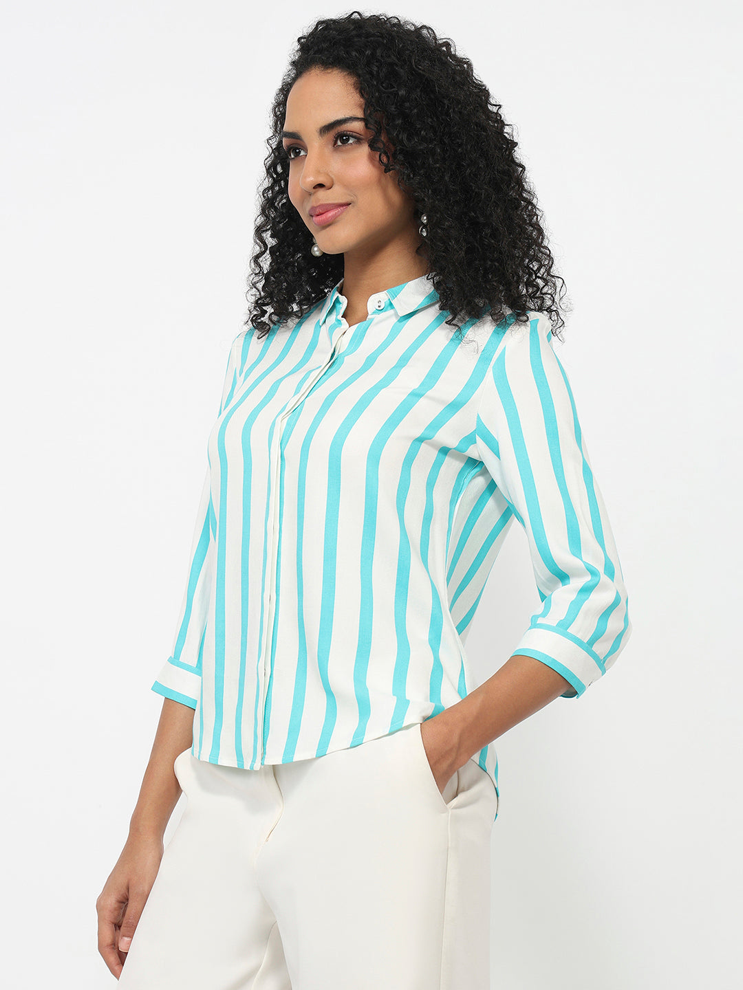 Women Aqua/White Striped Shirt