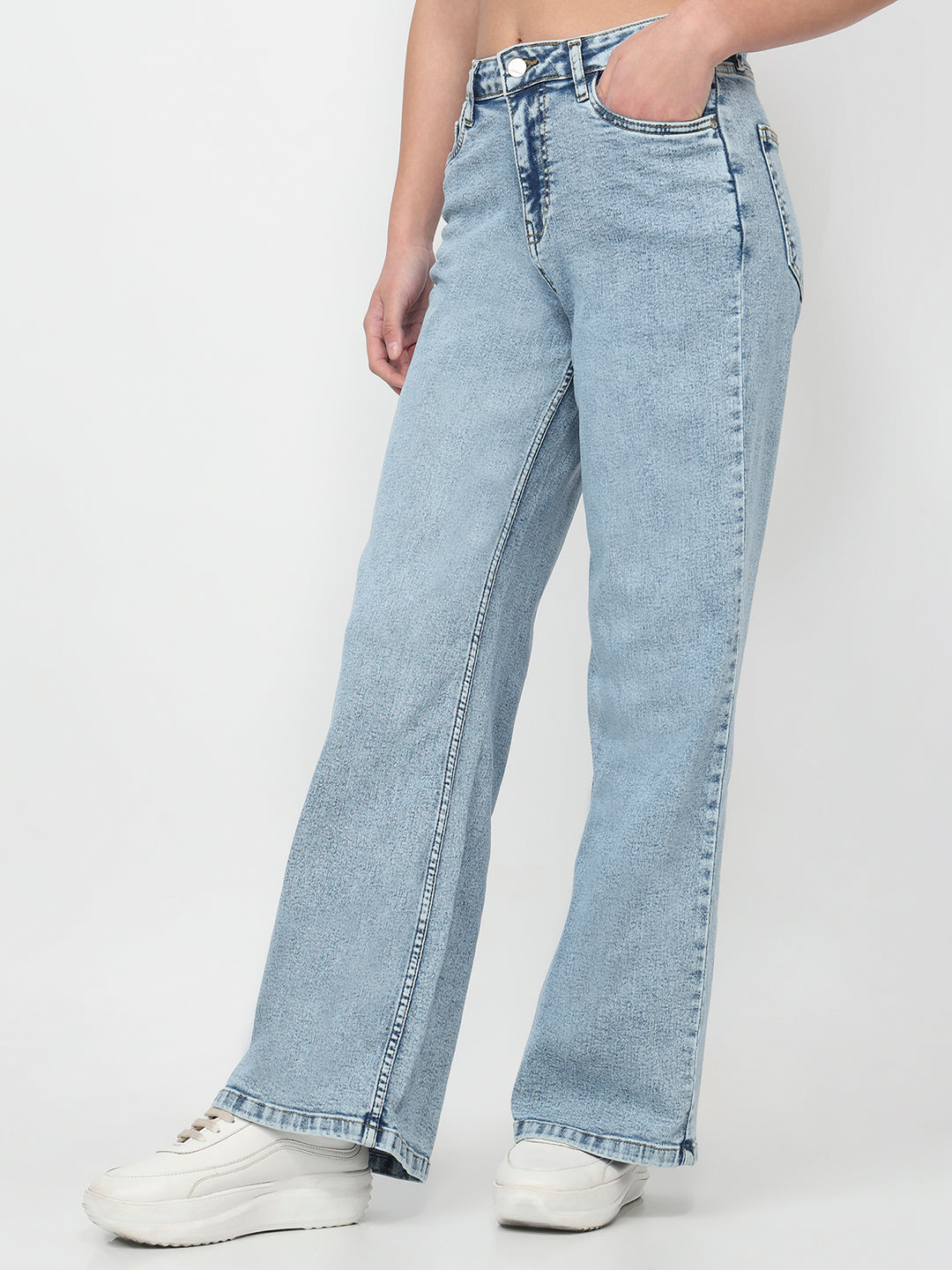 Women Light Blue High-Rise Super Wide Leg Jeans