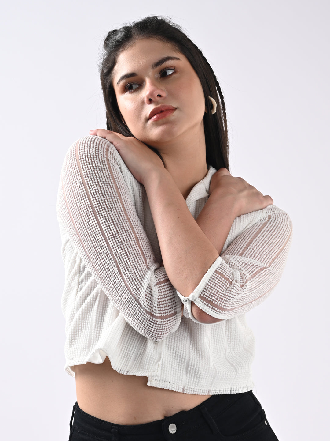 Women Self Design Three-Quarter Sleeves Off White Shirt