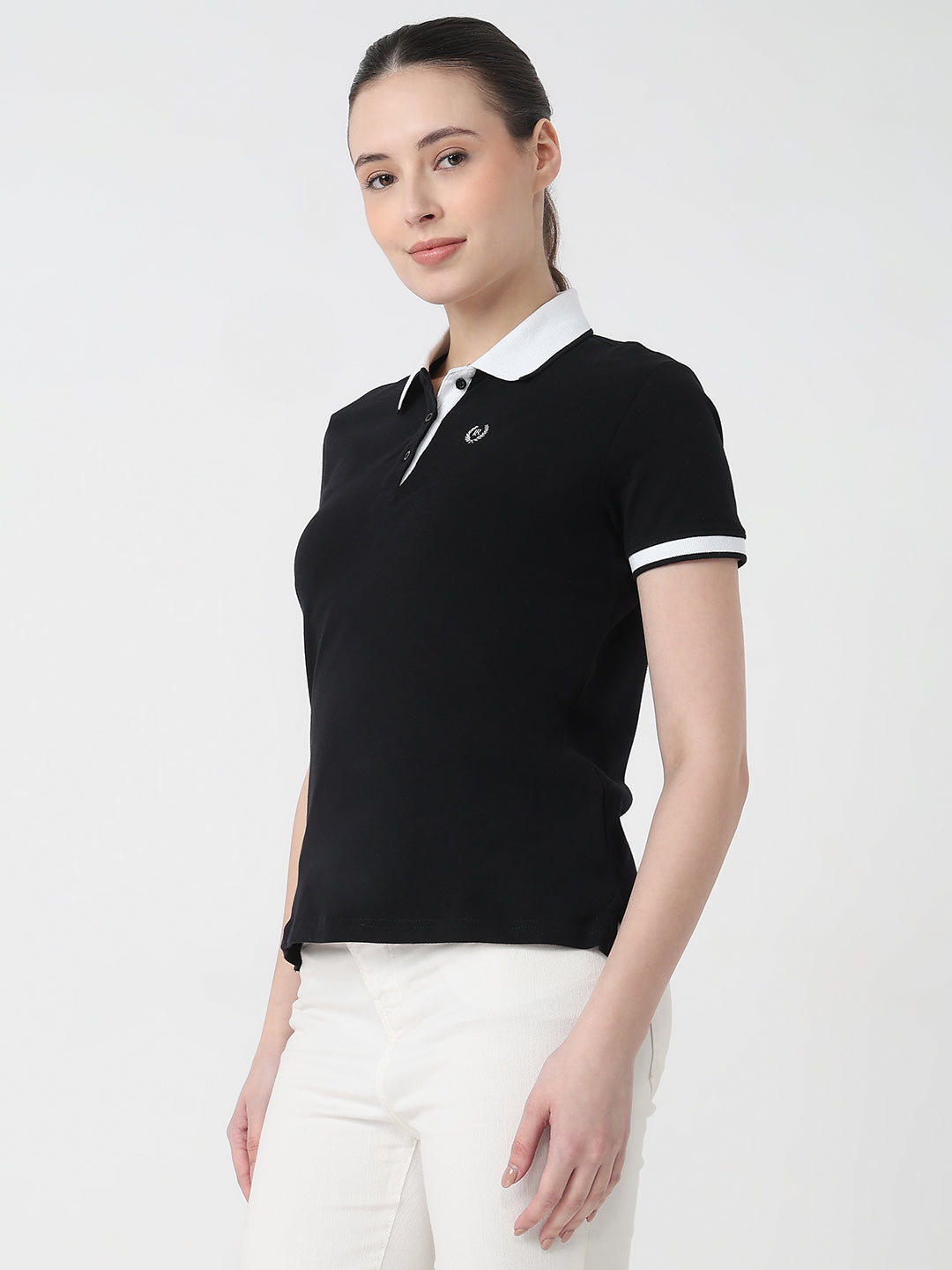 Women Black Slim Fit Polo T-Shirt