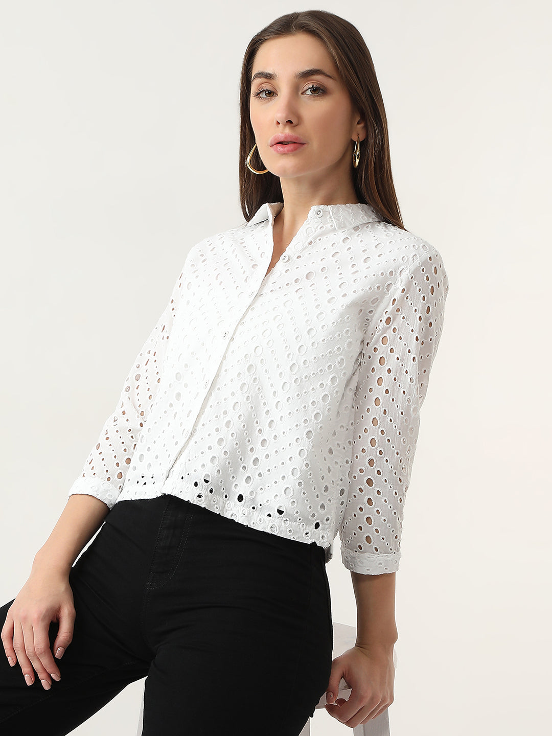 Women Bleach White Crop Schiffli Shirt
