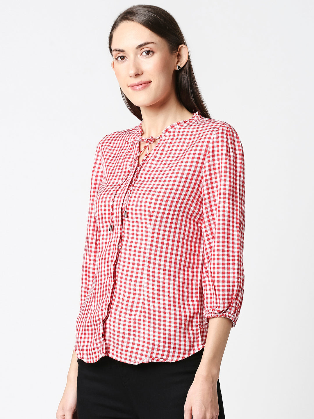 Women Gingham Checked With Tie-Up Neckline Top