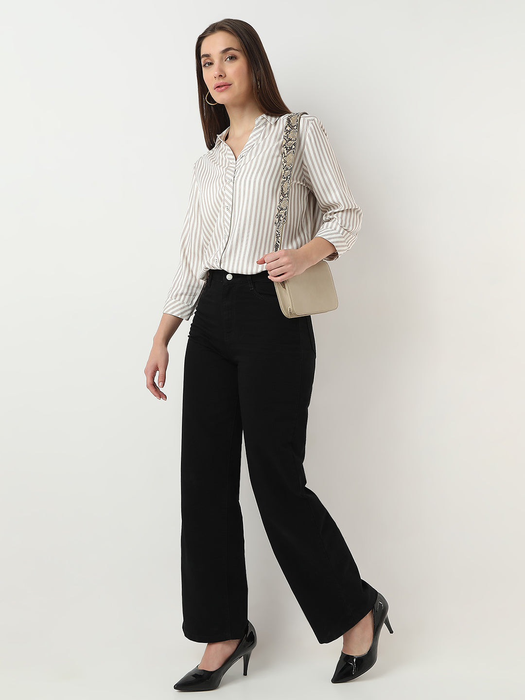 Women Brown/White Stripe Shirt