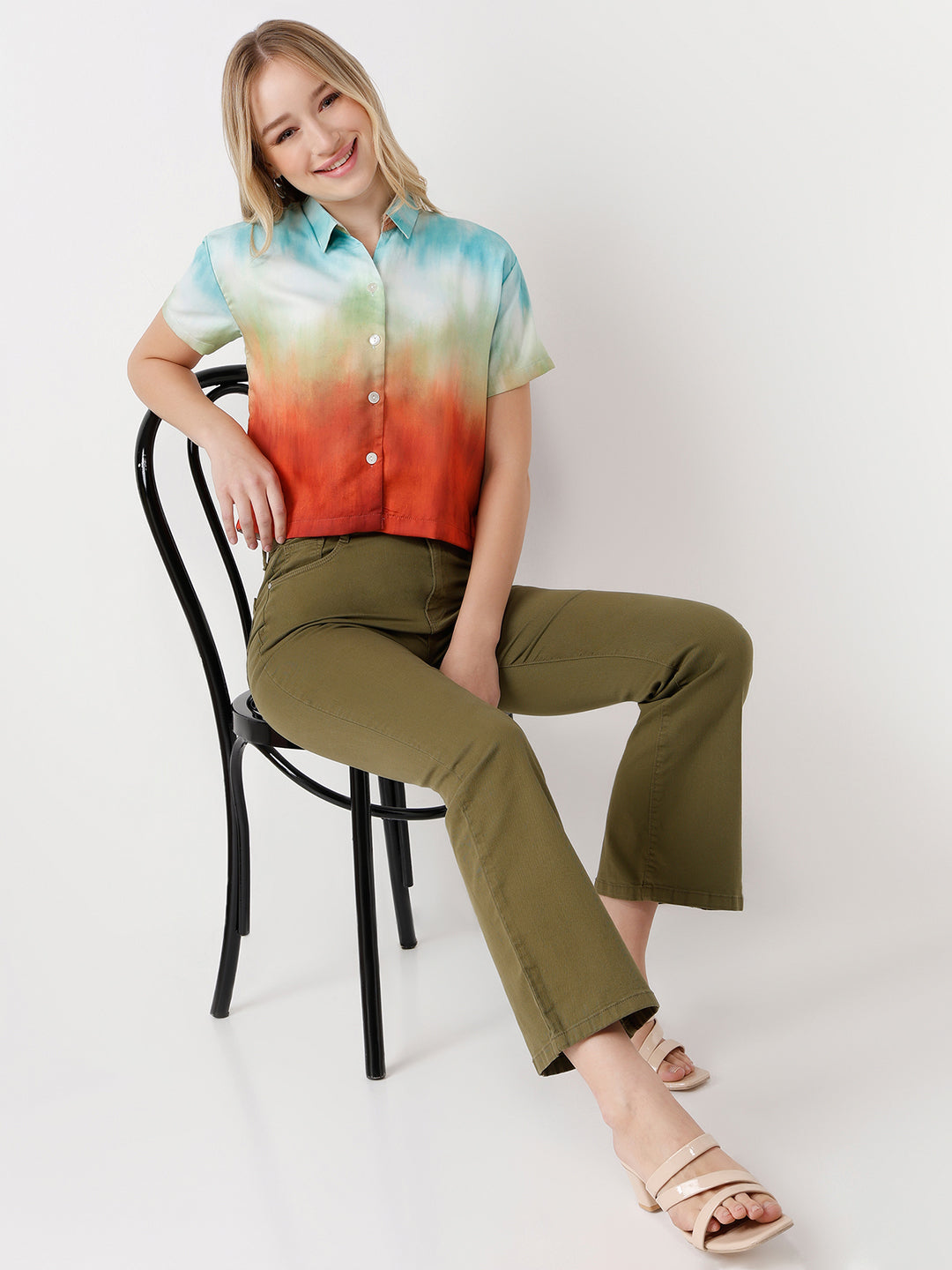 Women Rust/Aqua Ombre Crop Shirt
