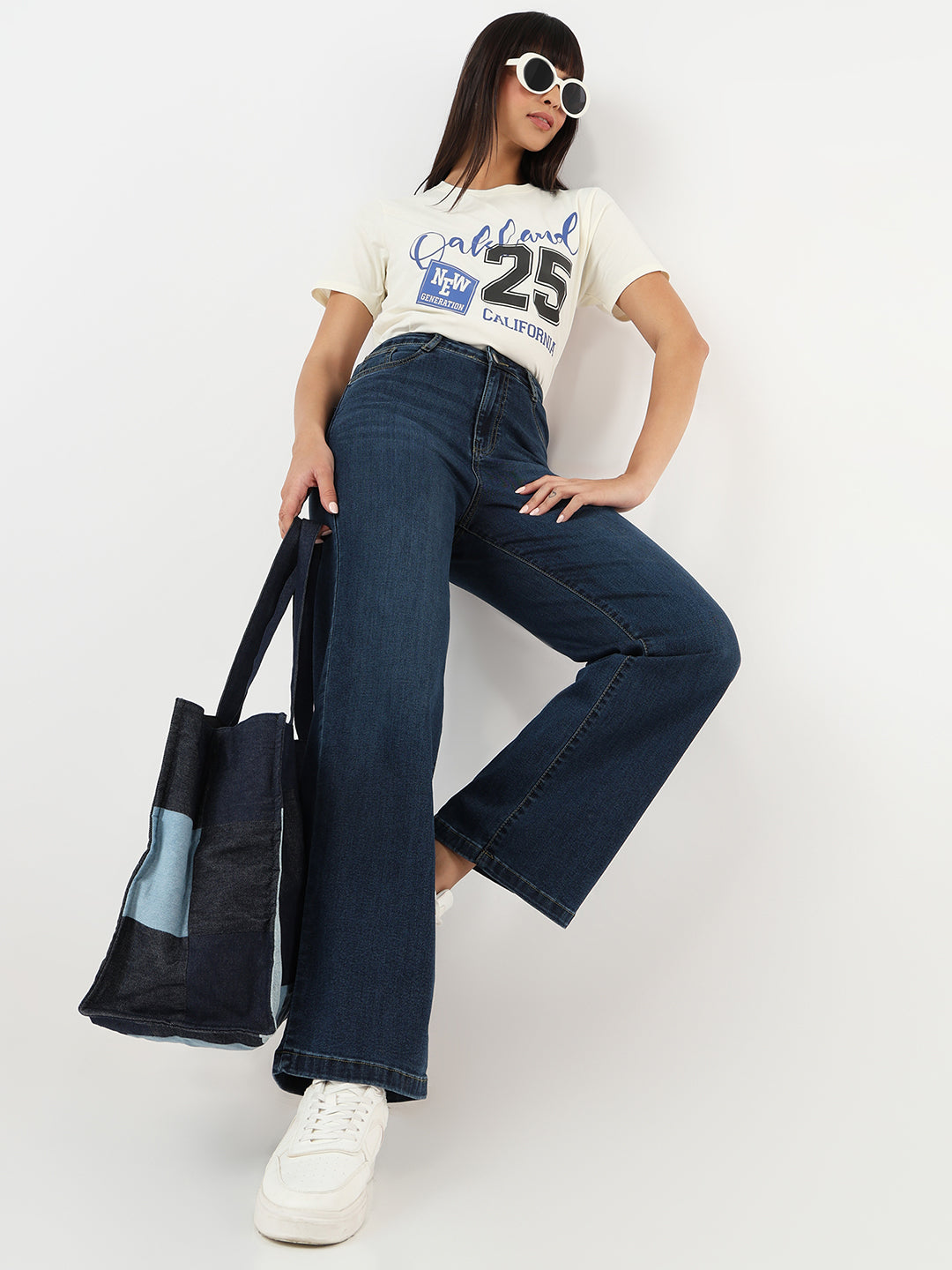 Women Dark Blue High-Rise Wide Leg Jeans