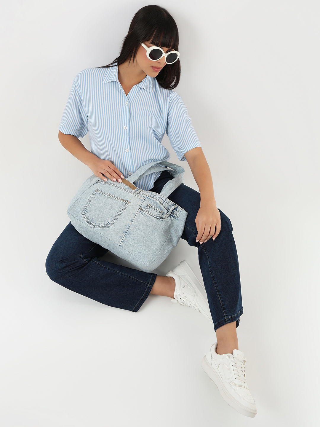 Women Sky/White Crop Stripe Shirt