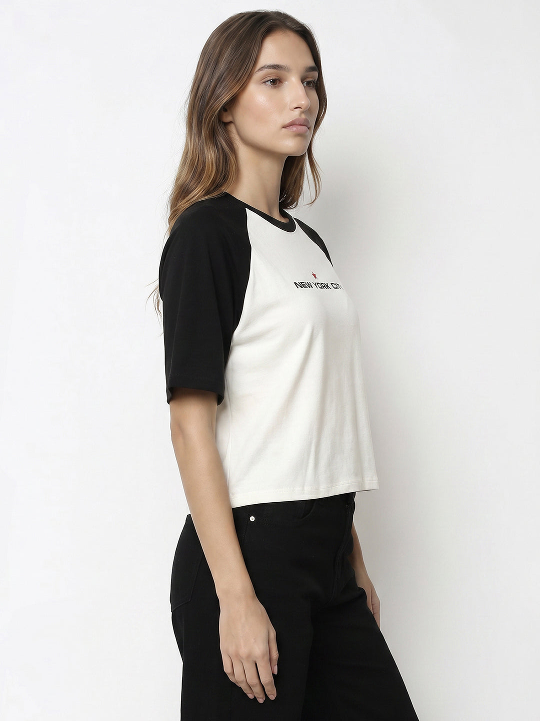 Women Ivory/Black Graphic Crop Tees