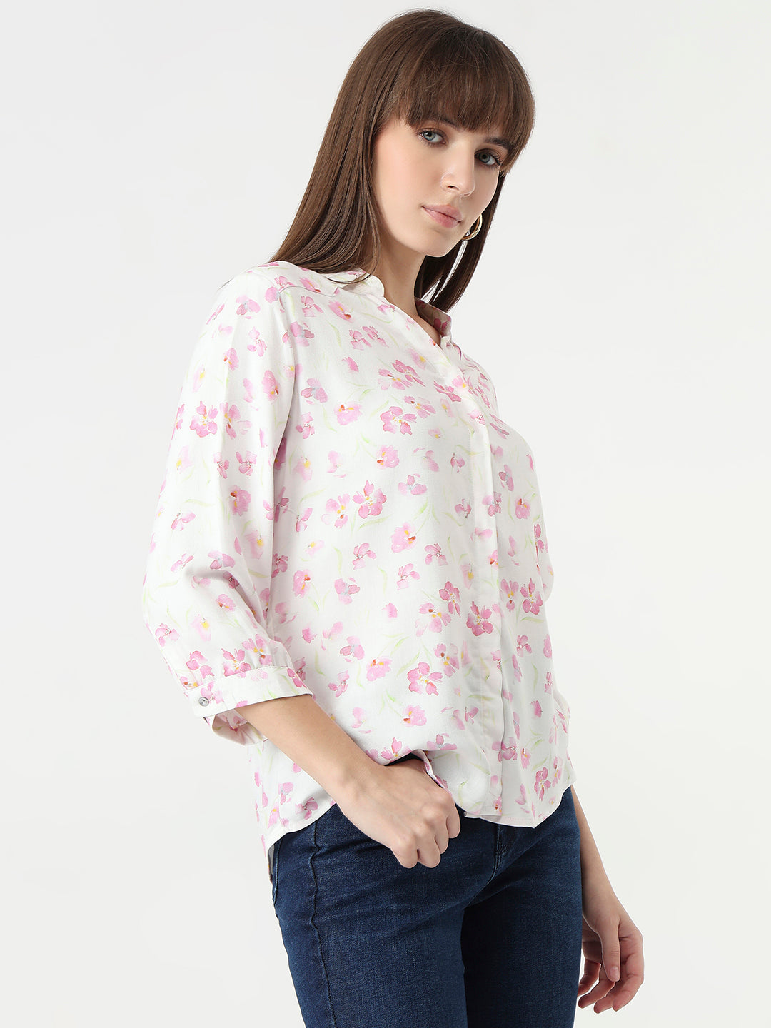 Women Pink Floral Slim Fit Shirt
