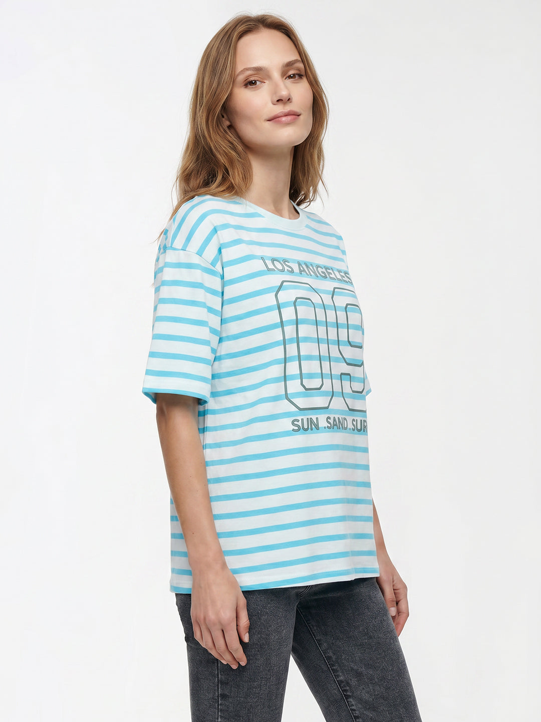 Women Sky/White Stripe Oversized T-Shirt