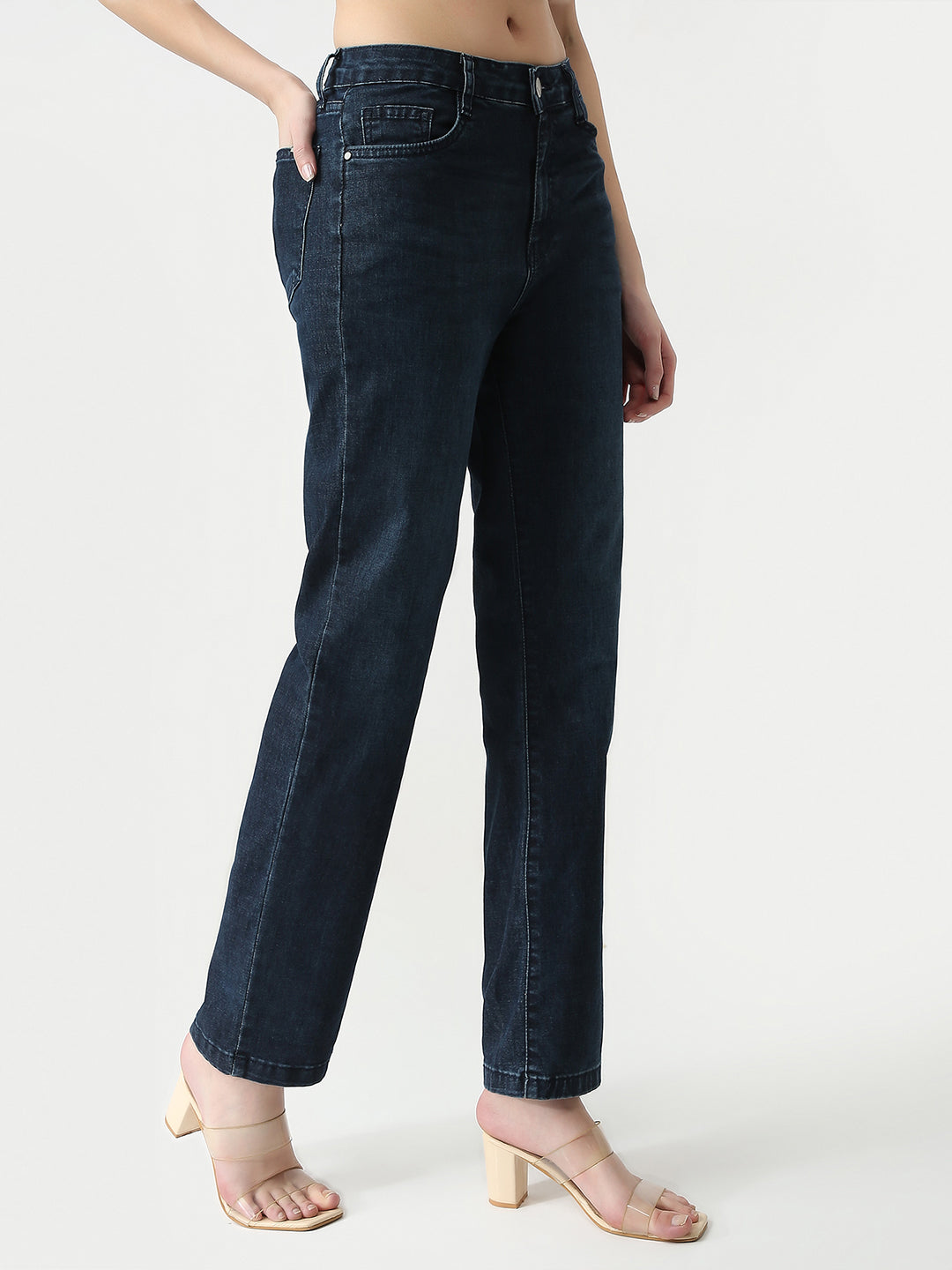 Women Dark Blue High-Rise Slim Straight Jeans