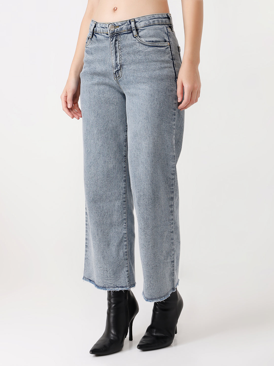 Women Blue Crop High-Rise Wide Leg Jeans