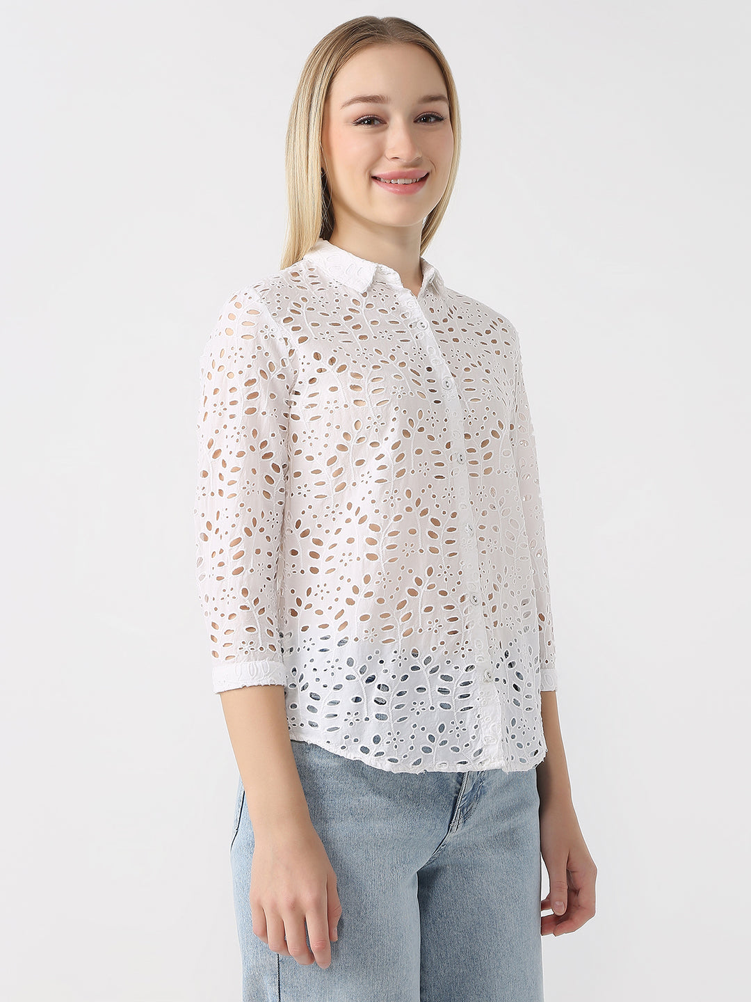 Women Bleach White Schiffli Shirt