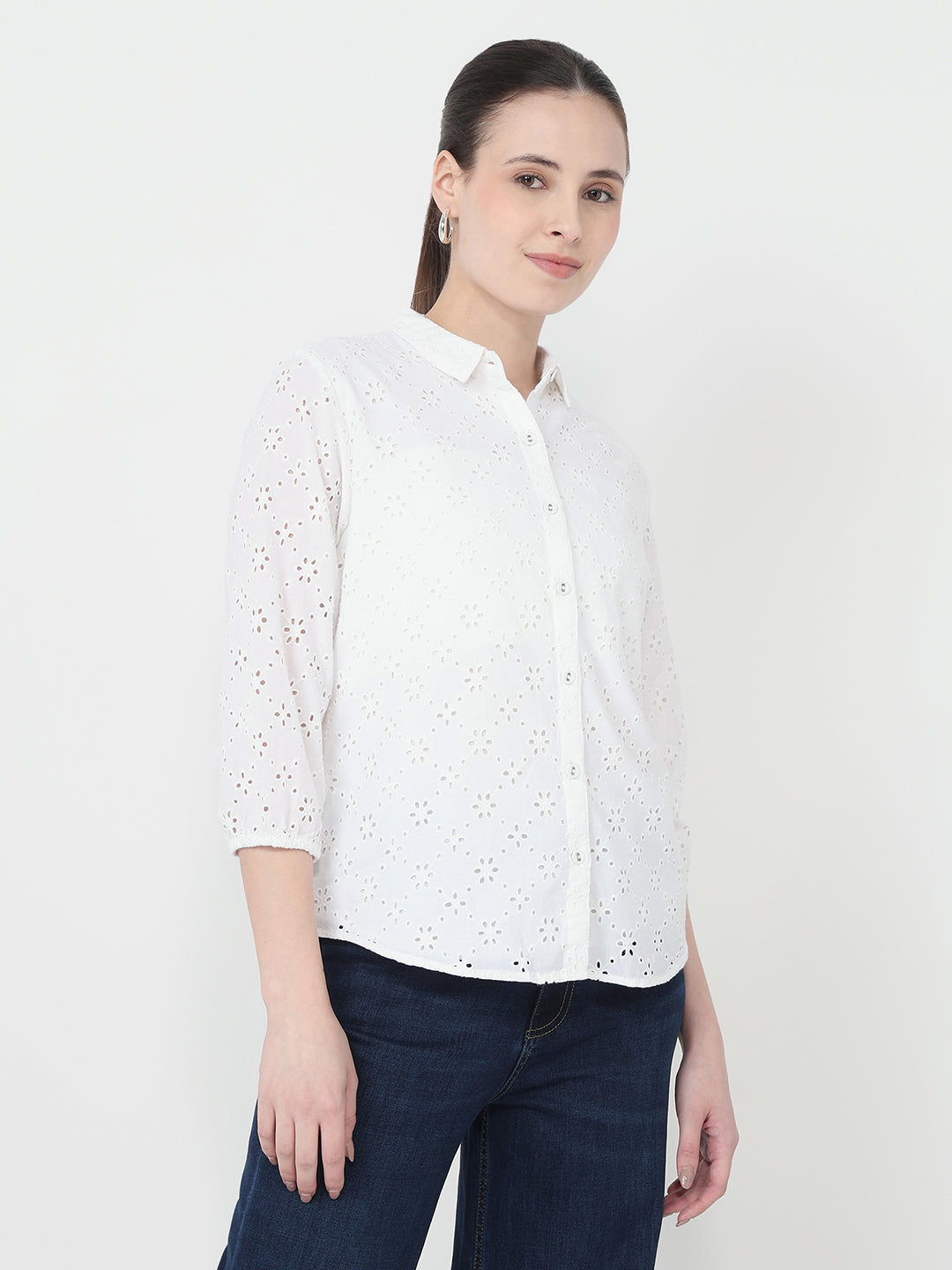 Women White Slim Fit Schiffli Shirt