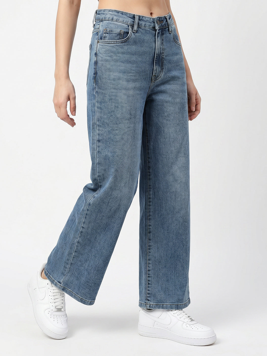 Women Blue Ribcage Wide Leg Jeans
