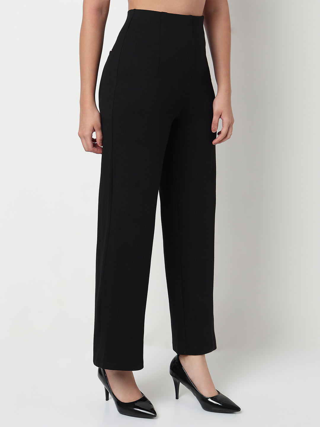 Women Black High-Rise Wide Leg Treggings