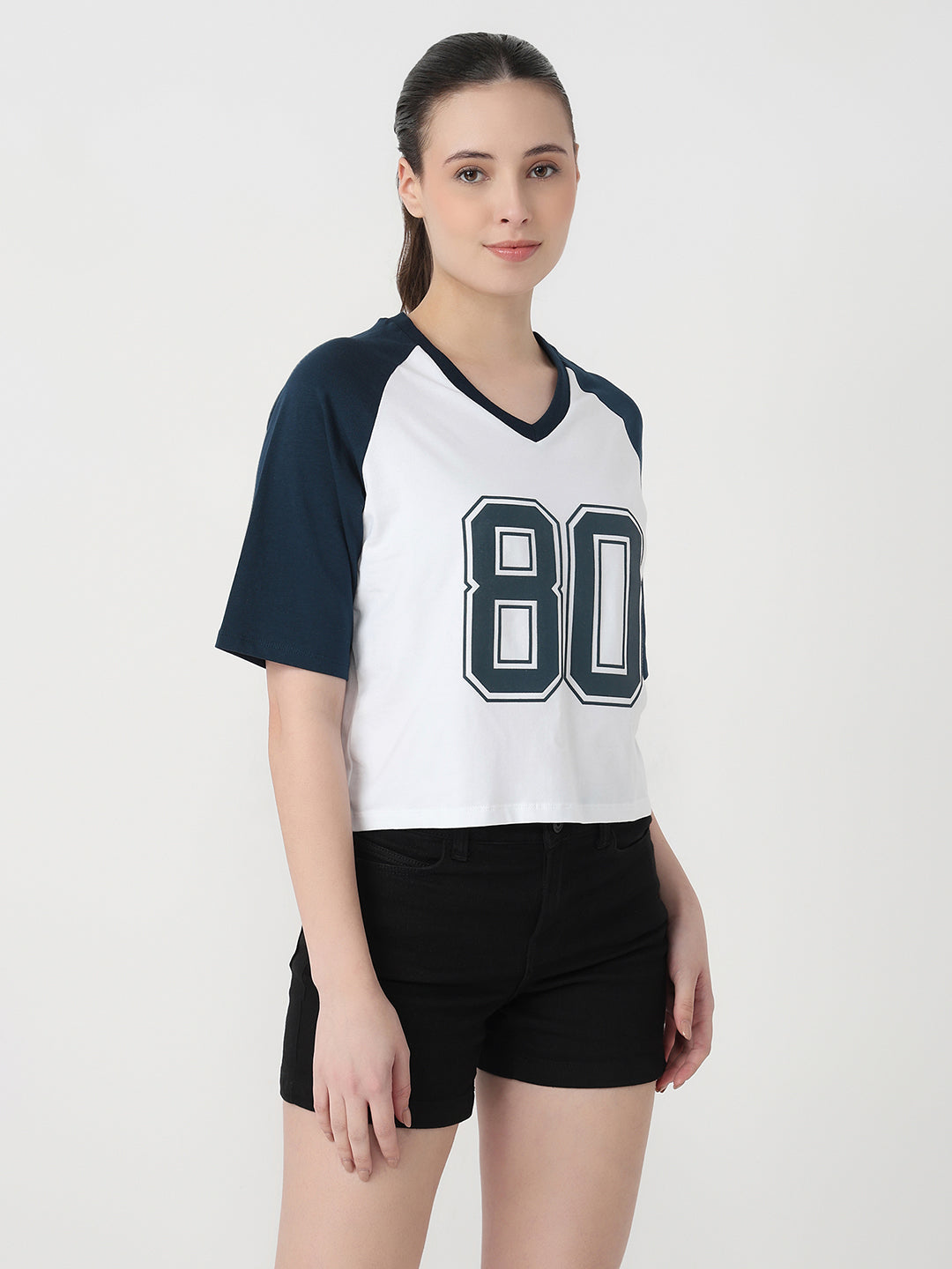 Women White/Airforce Slim Fit Graphic Crop T-Shirt