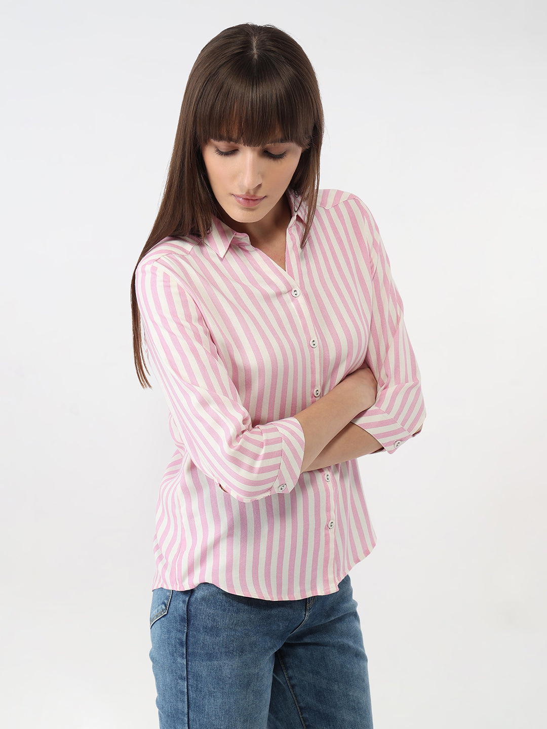 Women Pink/White Striped Slim Shirt