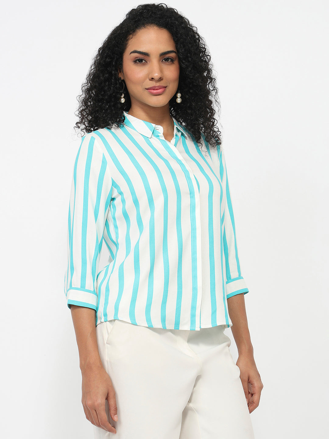 Women Aqua/White Striped Shirt