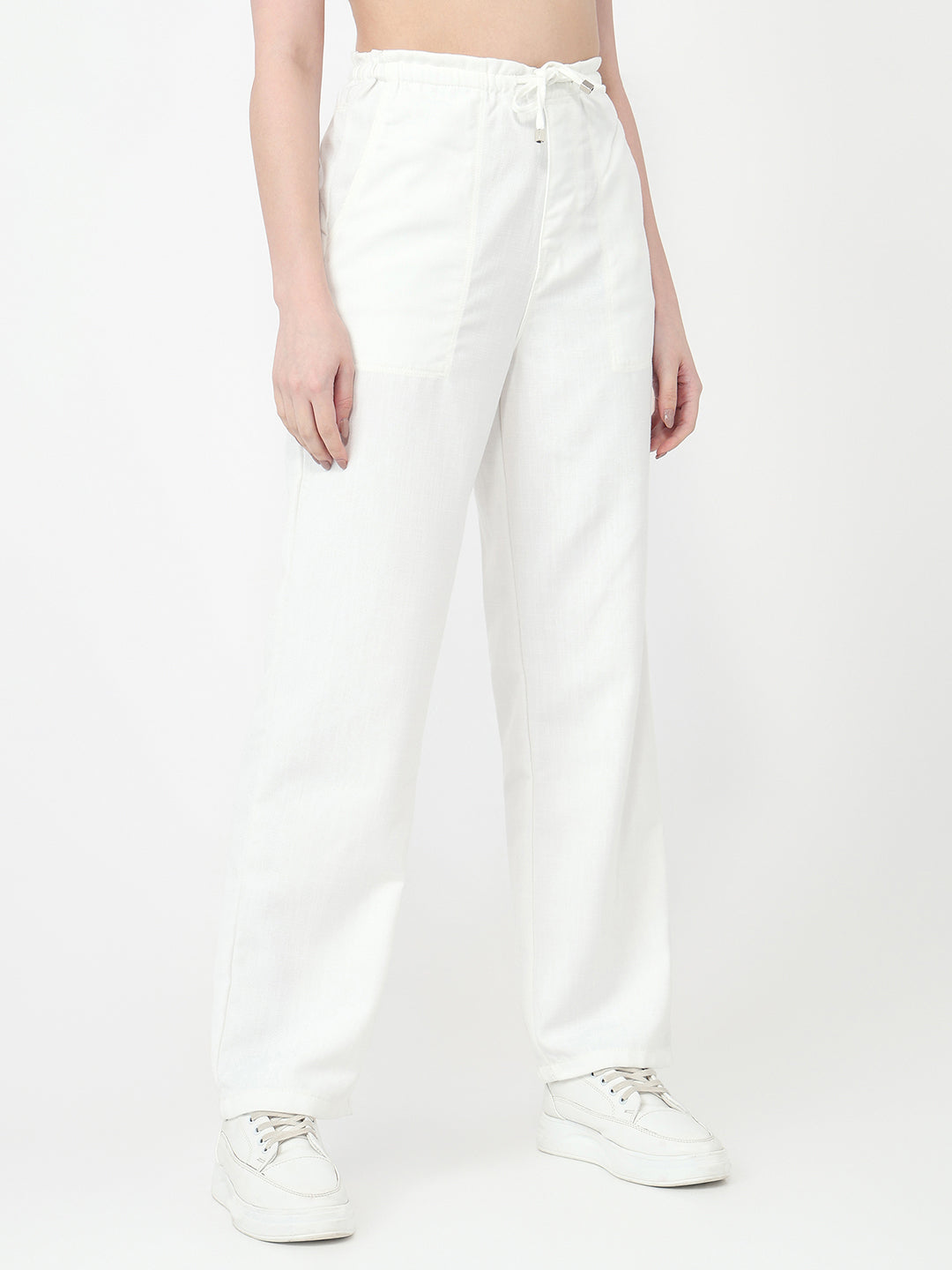 Women Off White Loose Straight Paper Bag Pants