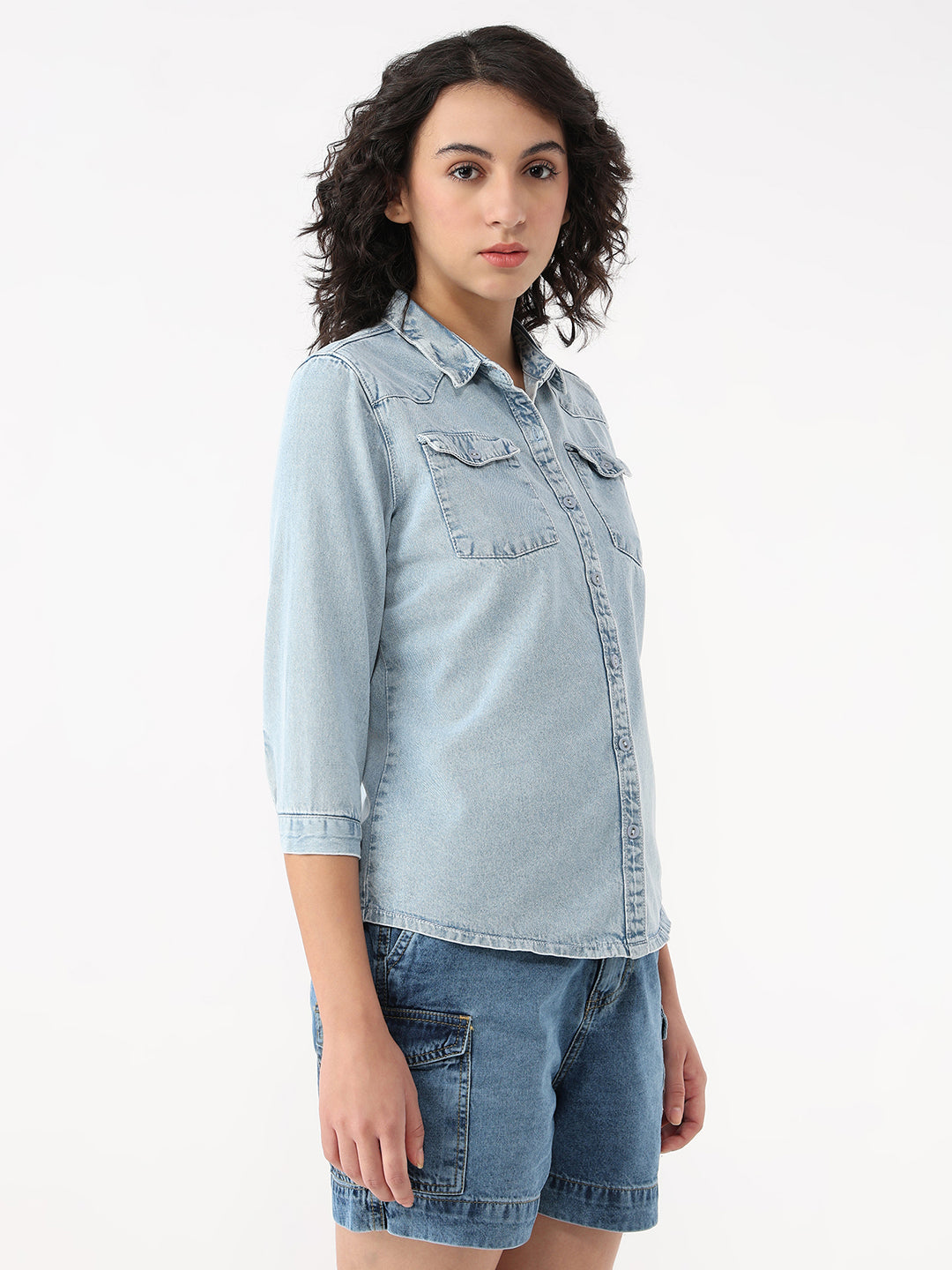 Women Light Blue Slim Denim Shirt