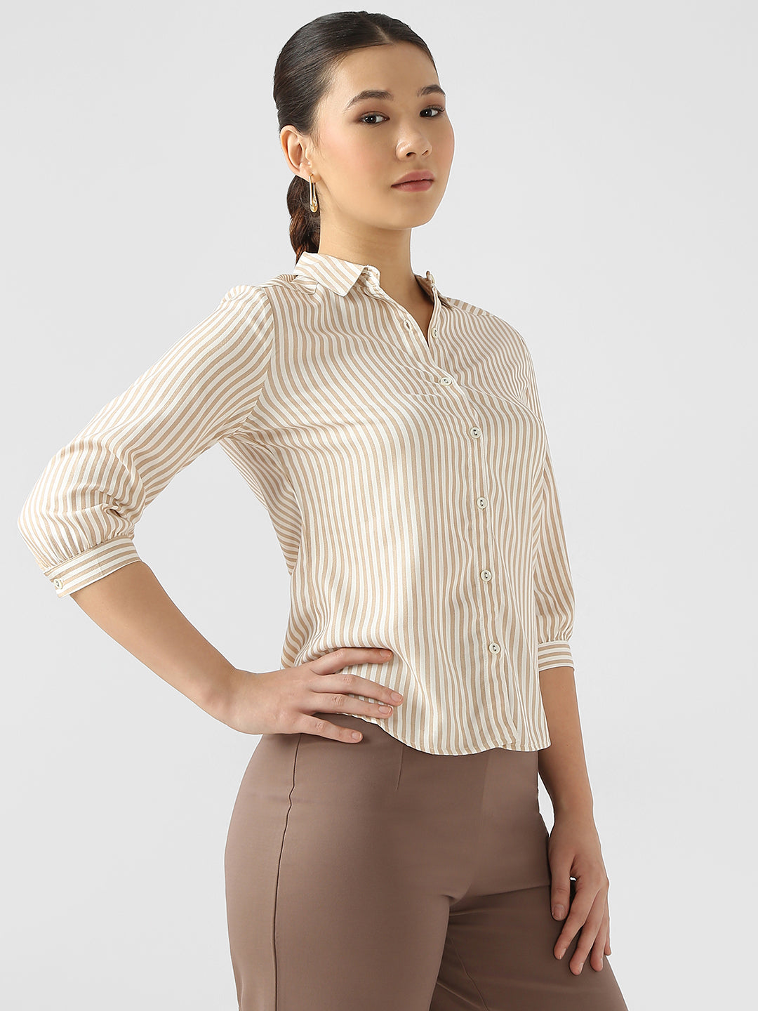 Women White/Beige Stripe Shirt