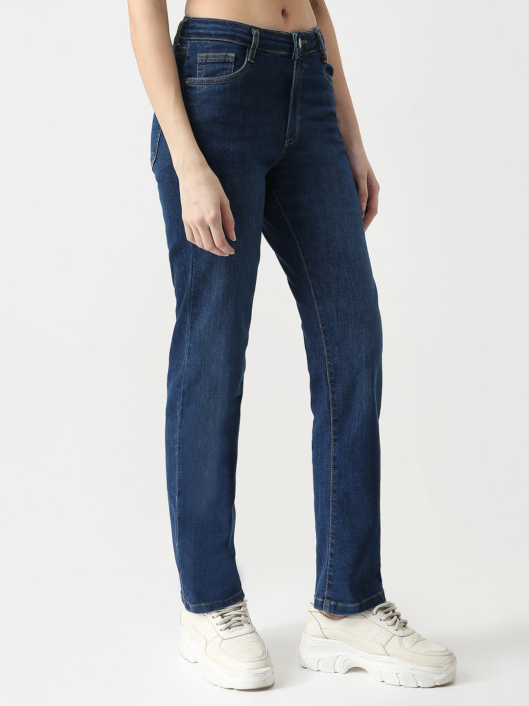 Women Blue High-Rise Slim Straight Jeans