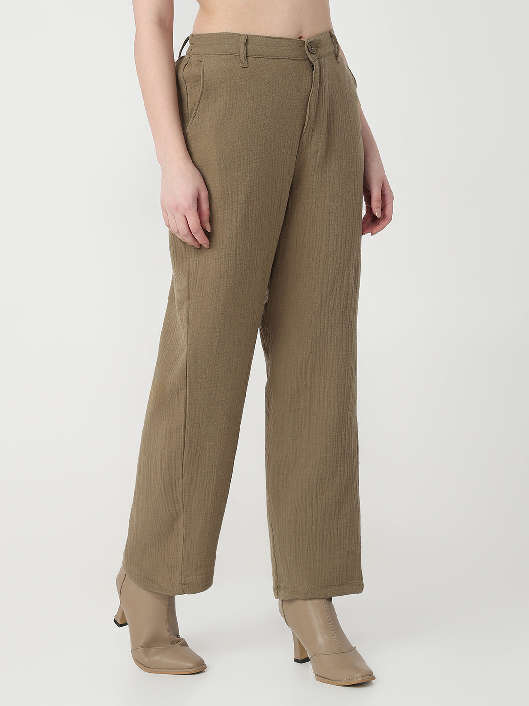 Women Olive Loose Straight Korean Pants
