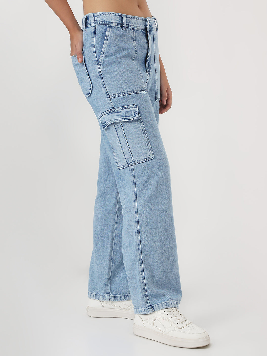 Women Light Blue Mid-Rise Cargo