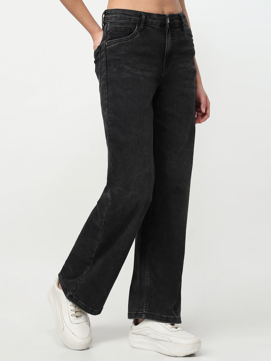 Women Charcoal High-Rise Wide Leg Jeans