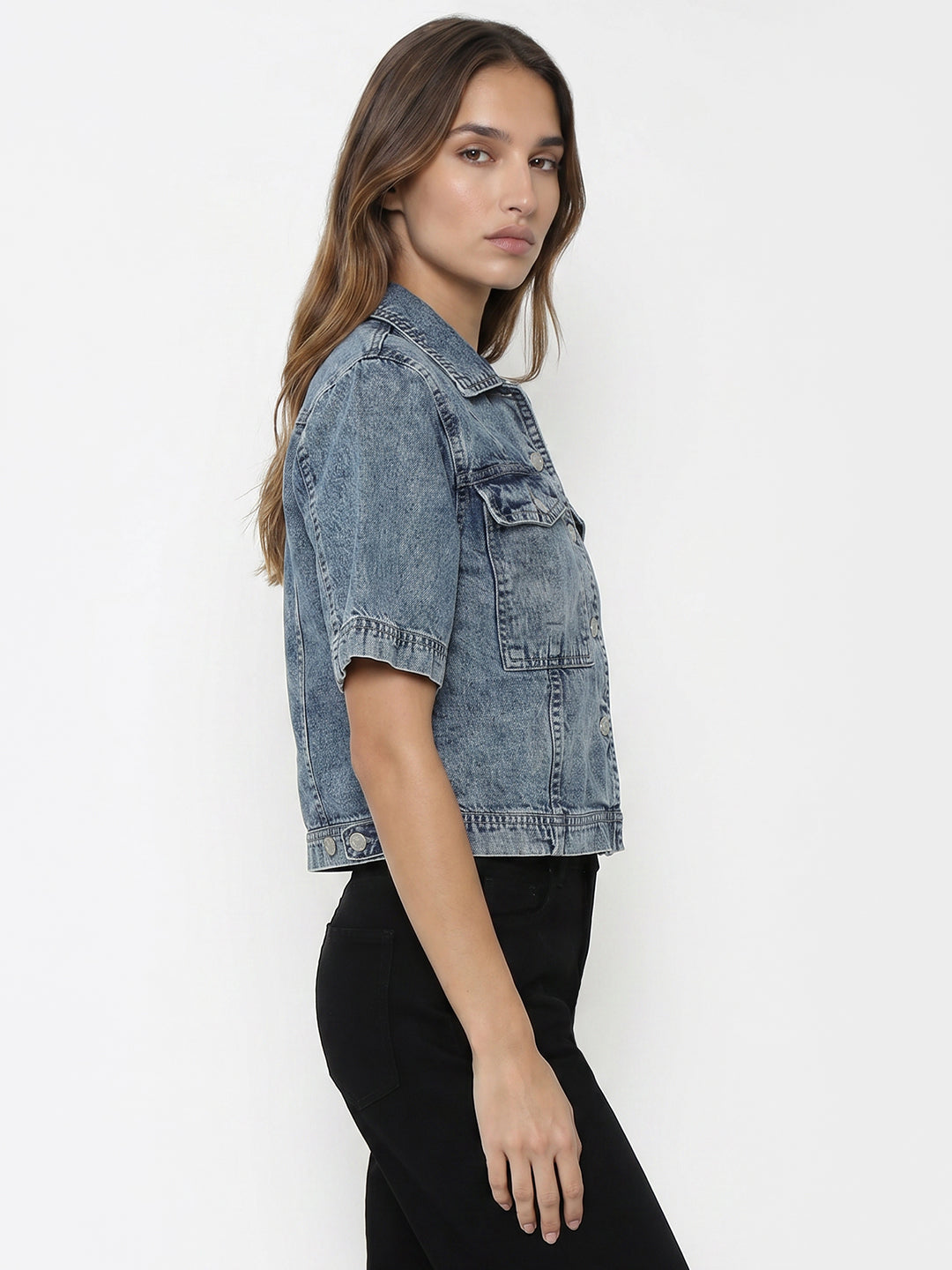 Women Light Blue Crop Denim Shirt