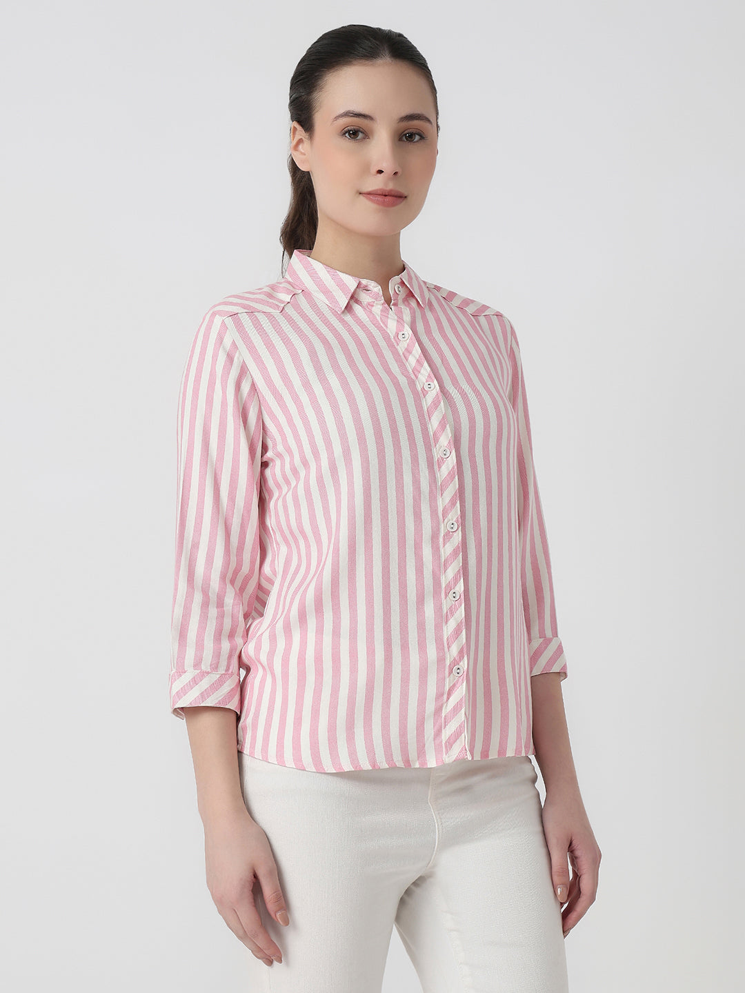 Women Pink/White Slim Fit Shirt