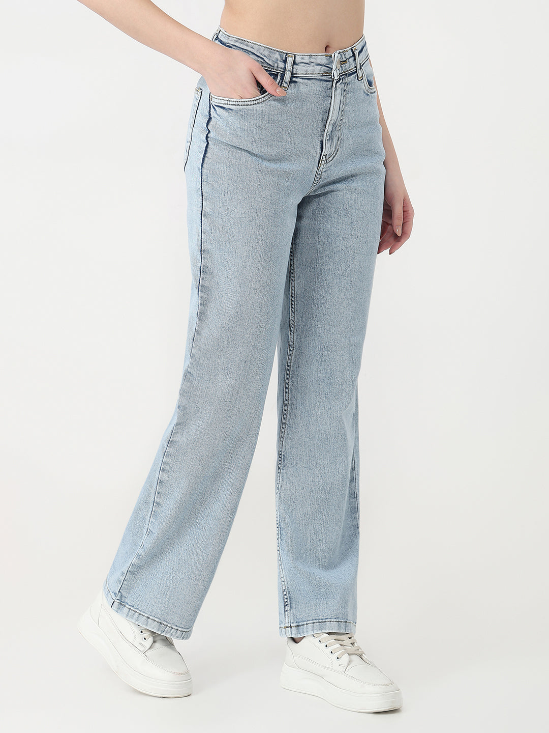 Women Light Blue High-Rise Wide Leg Jeans