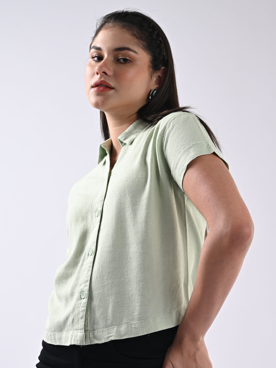 Women Solid Slim Fit Mint Shirt