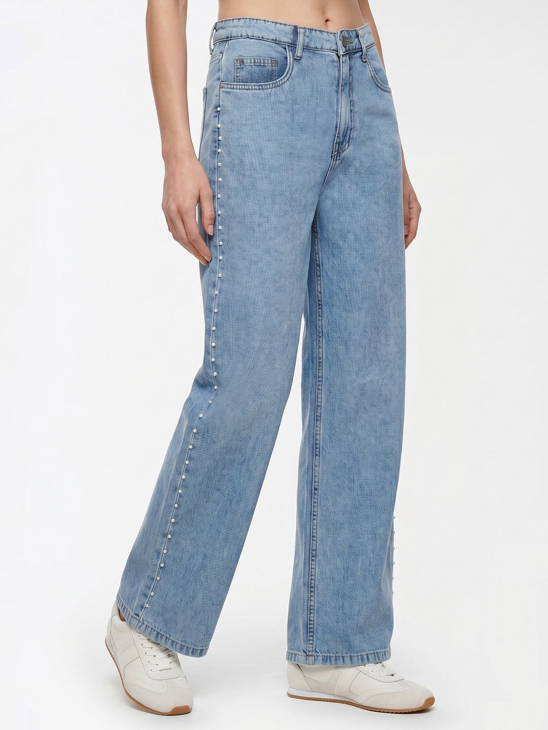 Women Blue Studded Pearl Wide Leg Jeans