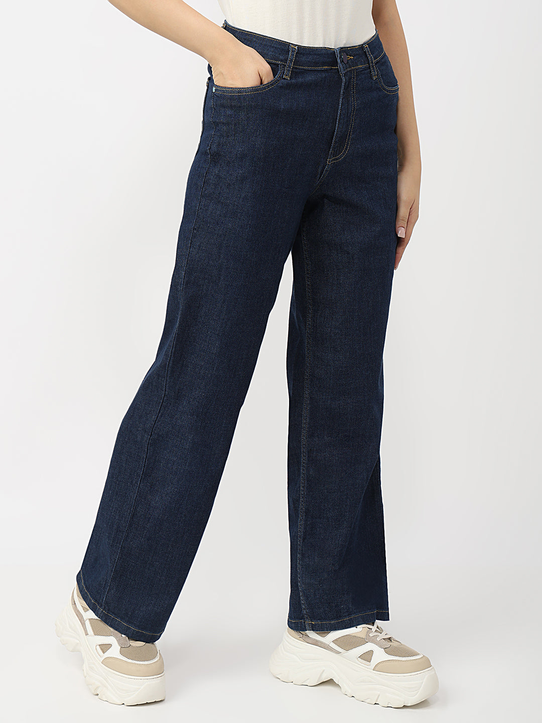 Women Dark Blue High-Rise Wide Leg Jeans