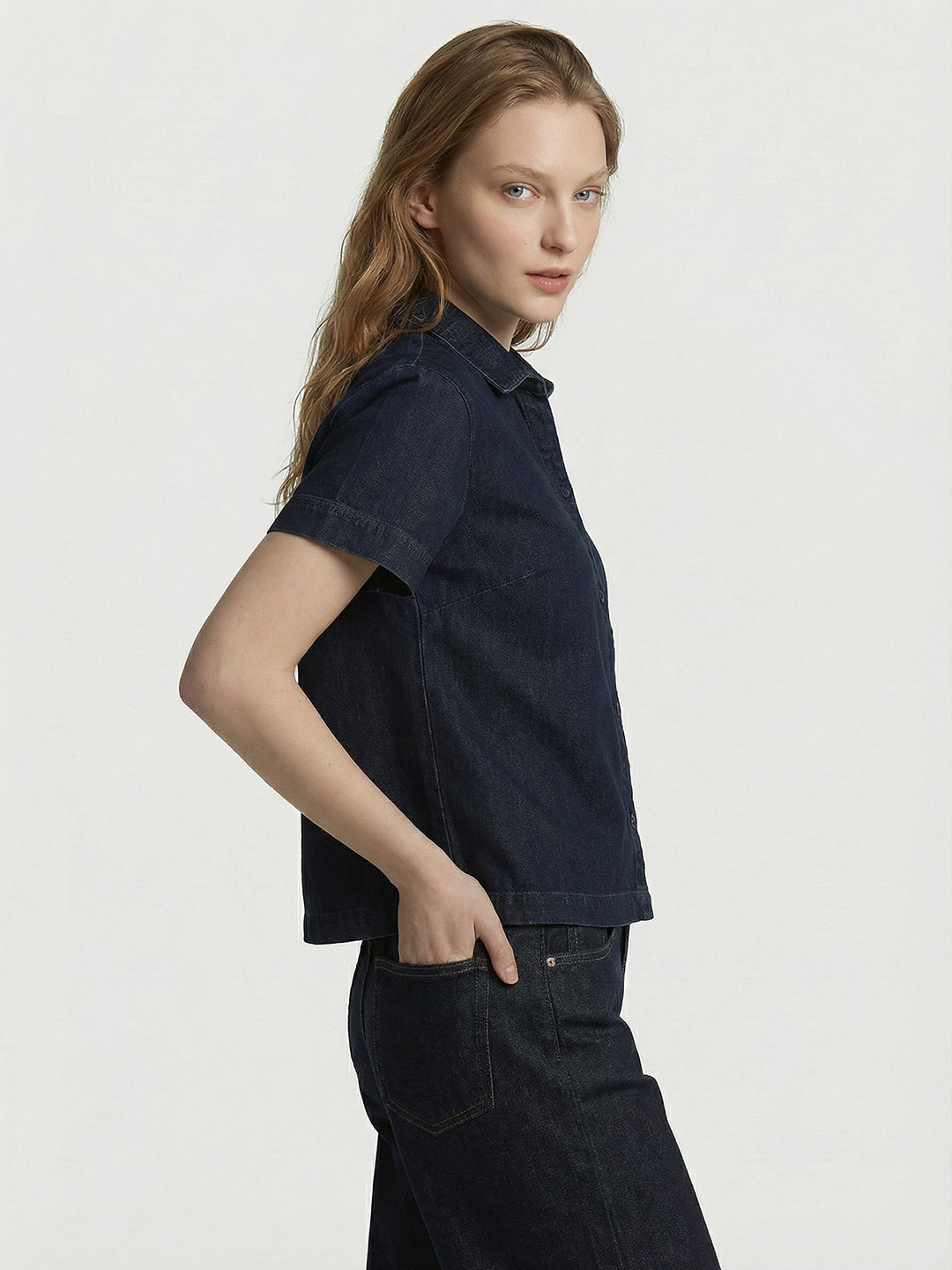 Women Dark Blue Crop Shirt