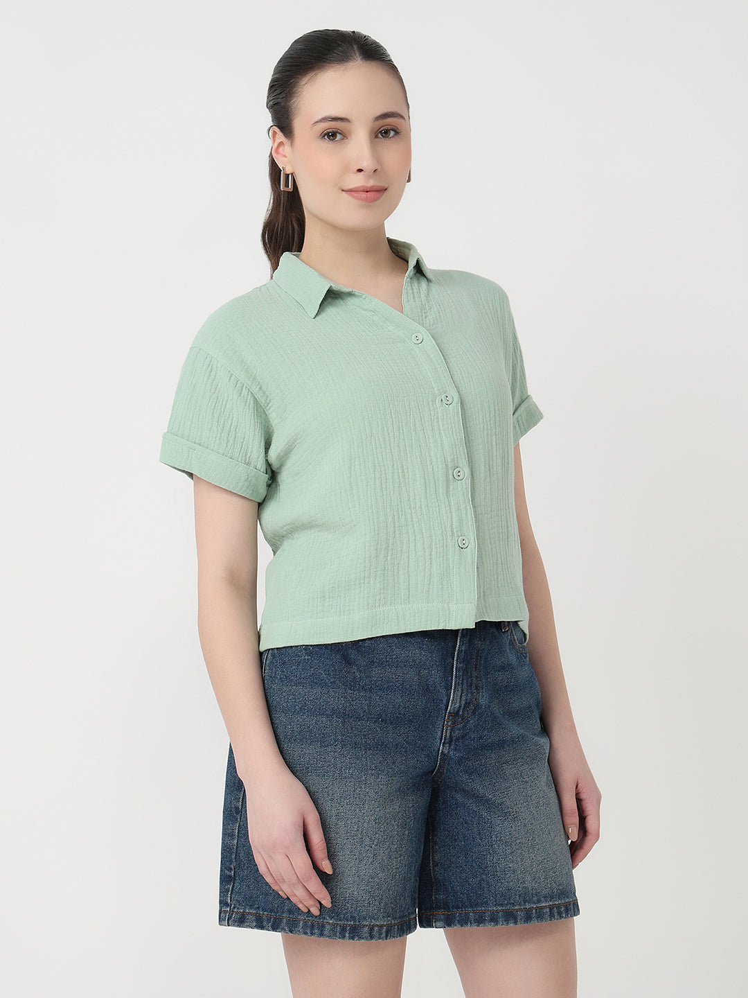 Women Mint Slim Fit Crop Shirt
