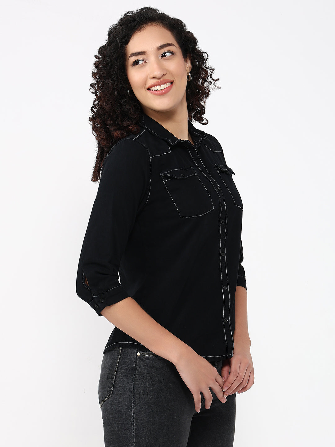 Women Black Slim Fit Denim Shirt