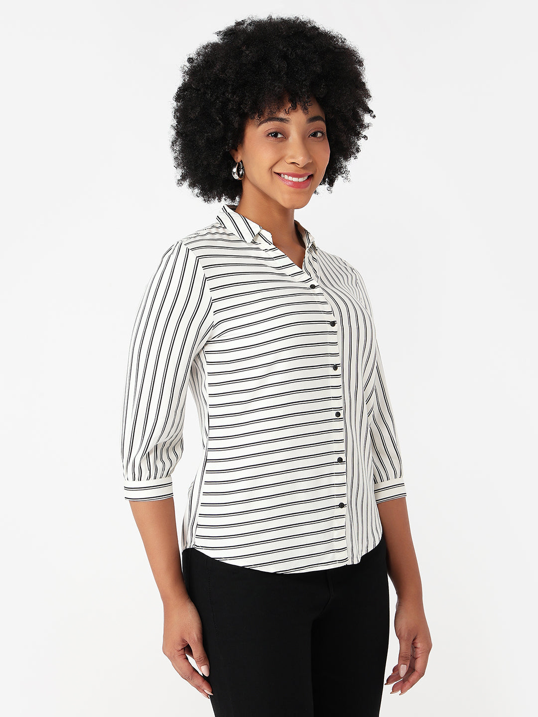 Women Black/White Slim Fit Stripe Shirt