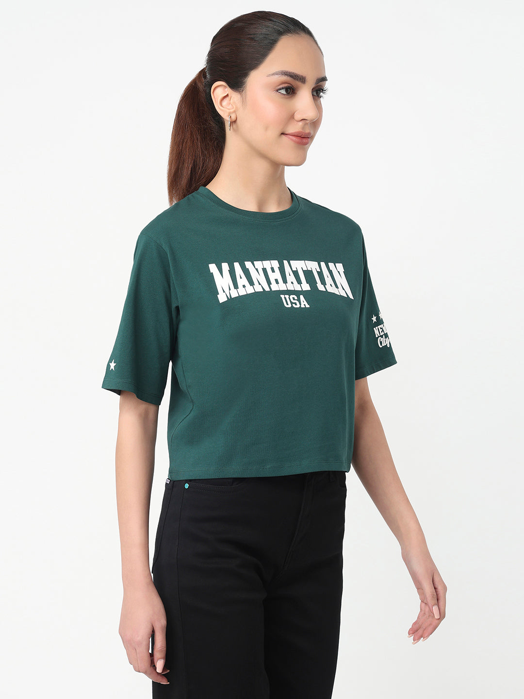 Women Bottle Green Graphic Crop Tees