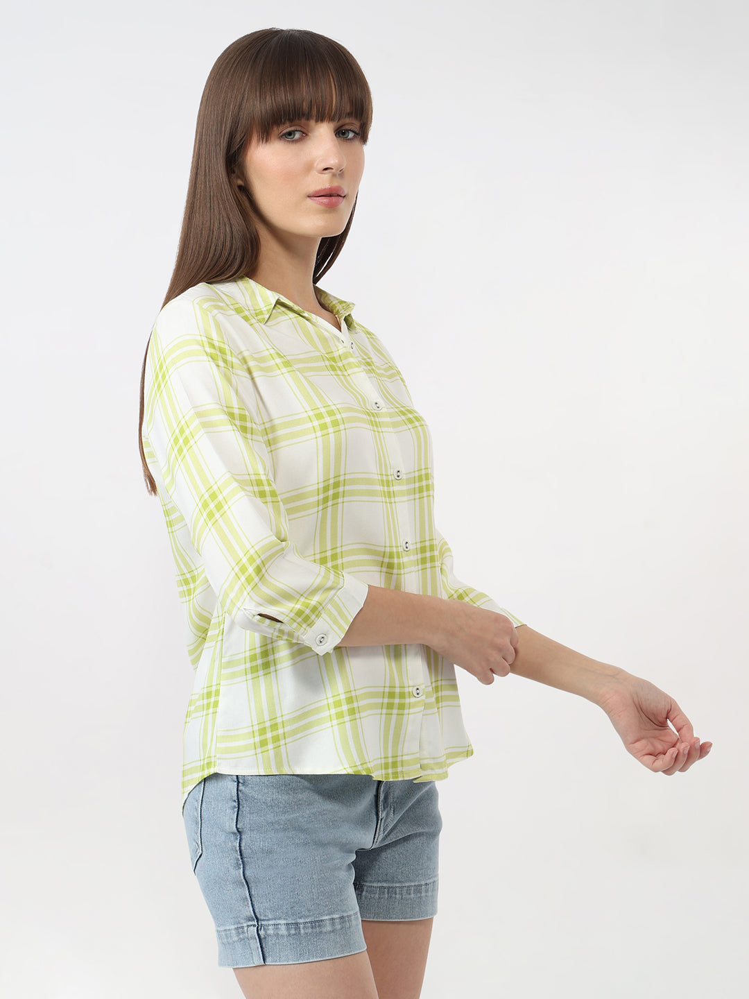 Women White/Lime Checks Slim Shirt