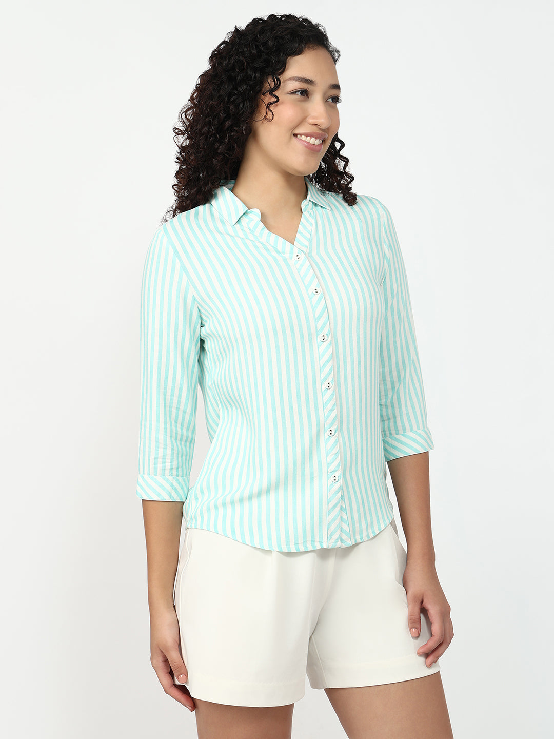Women Aqua/White Slim Shirt