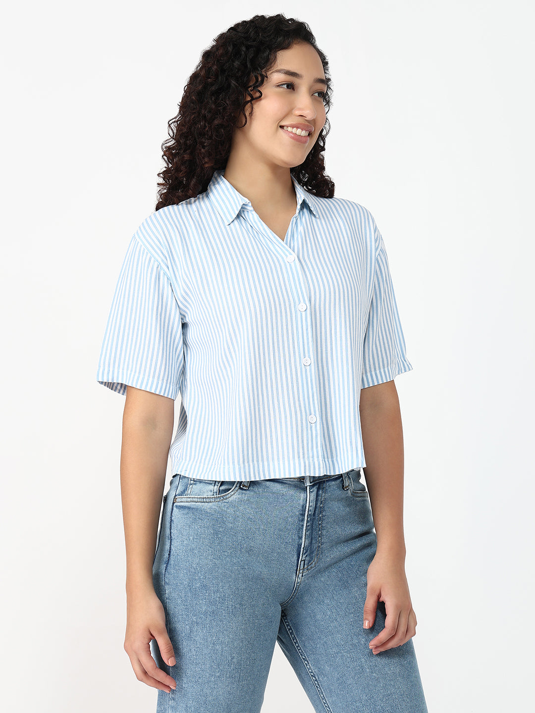 Women Sky/White Crop Slim Shirt